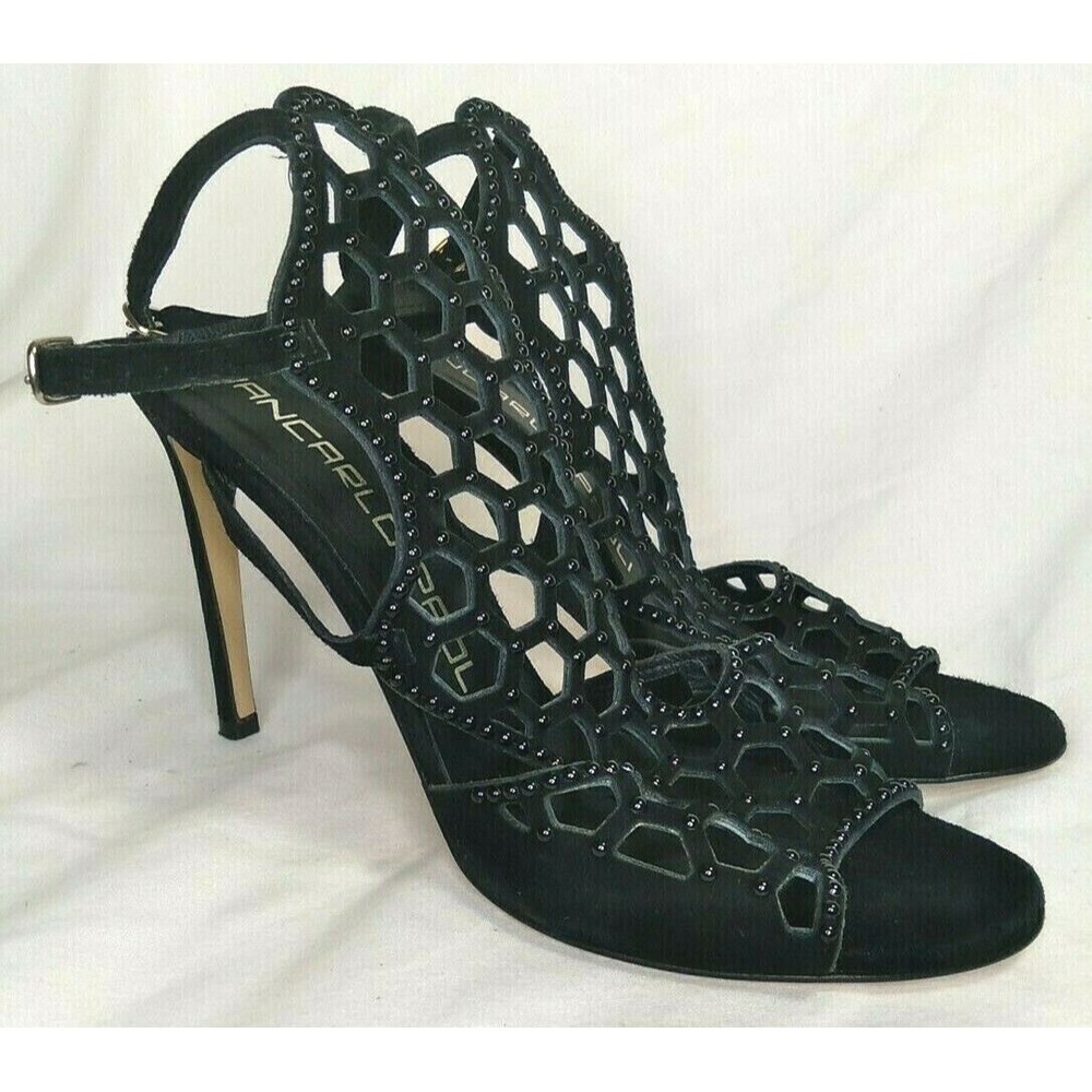 Giancarlo Paoli Black Suede Double Strap Open Toe Beaded Heels Size 40 9 EUC